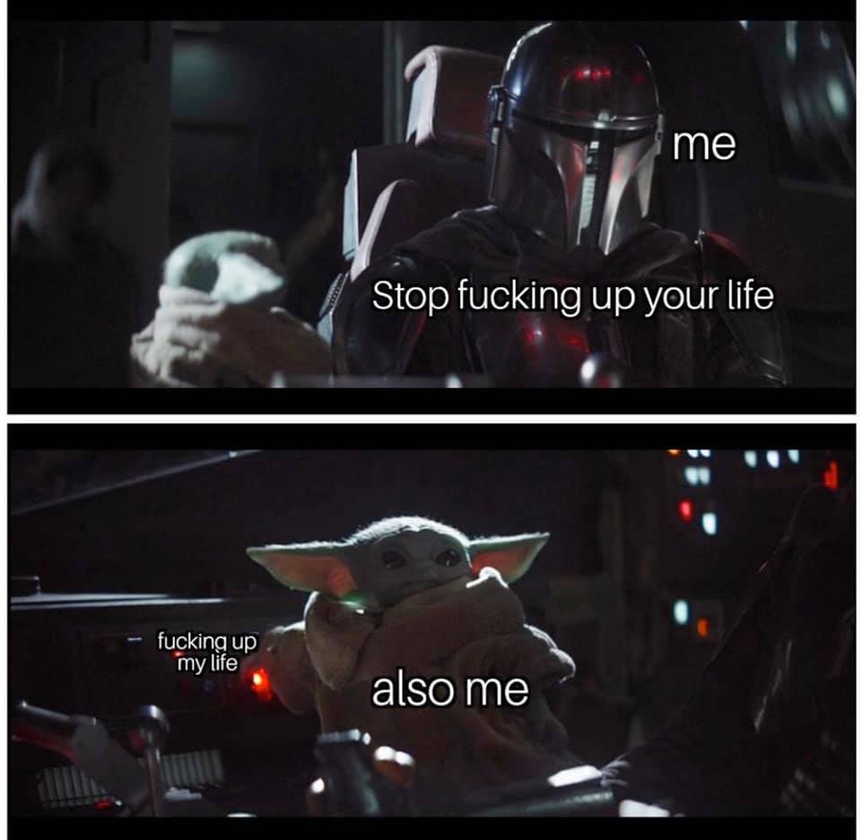 This meme is a humorous image of a character from the TV show "The Mandalorian" holding a young creature known as "The Child" or "Baby Yoda." The image is captioned with the phrase "When you finally tell your family to stop invading your personal space."